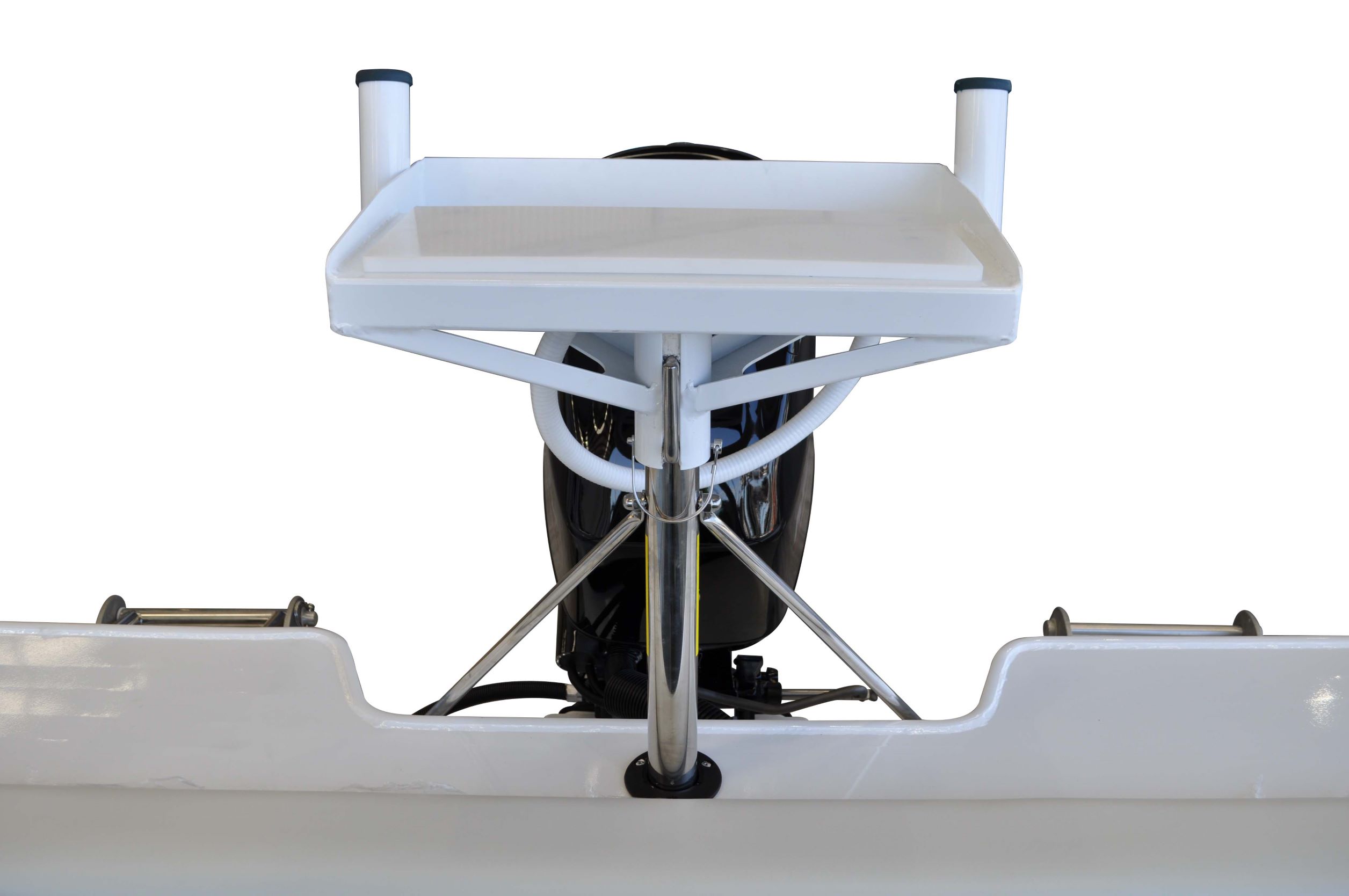 White bait board with two rod holders, mounted on a metal pole at the back of a Quintrex boat.