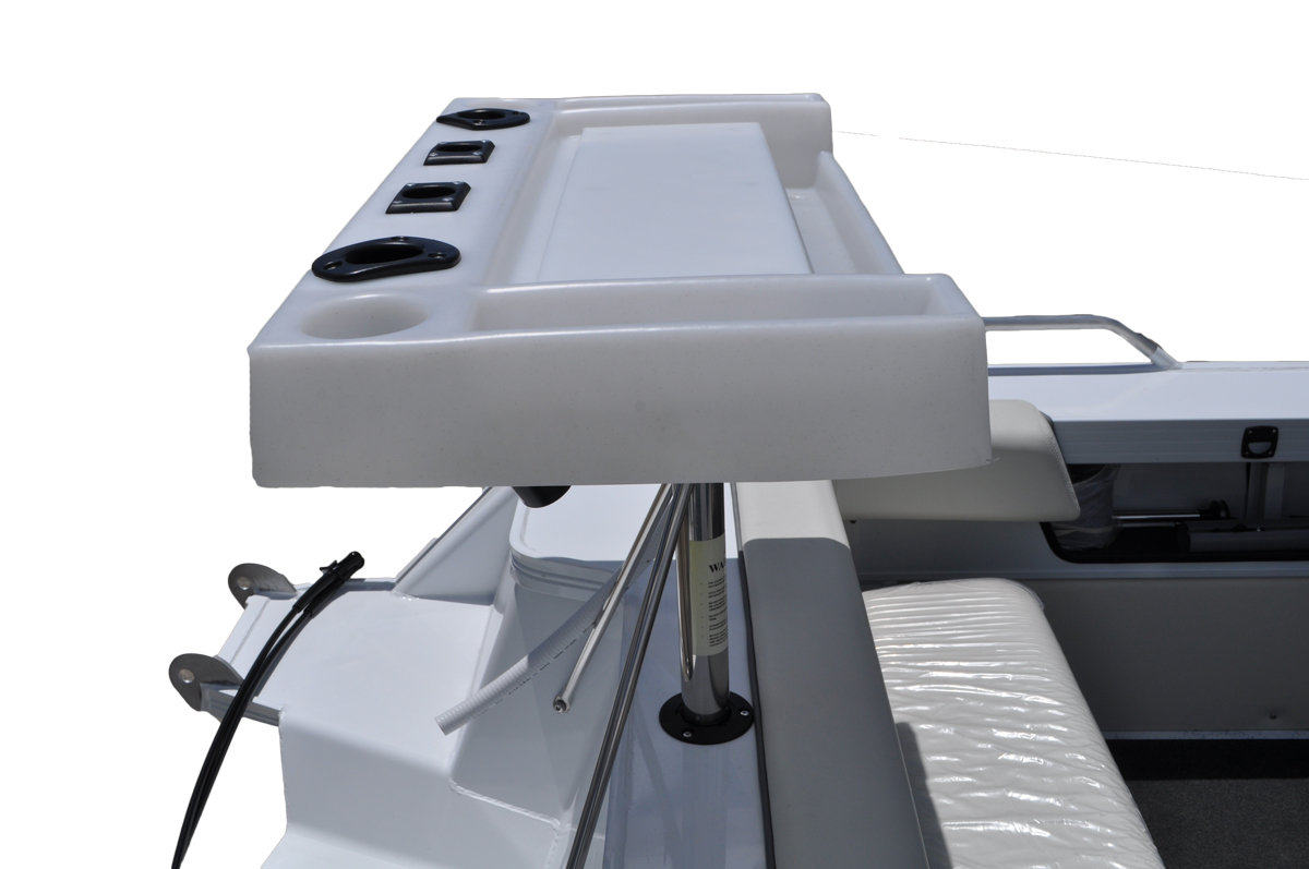 Side profile of a Quintrex boat bait board with integrated rod holders and a tray, mounted over the transom.